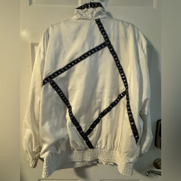 Lavon 80’s Silver & Black Shiny Embroidered Star Bomber Jacket Windbreaker LG - Picture 12 of 15